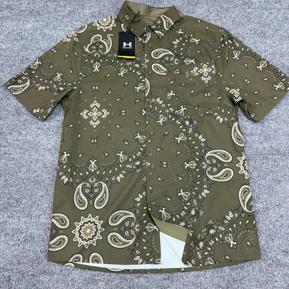 Under Armour Shirt Mens Medium Green Paisley Dockside Short Sleeve Button Up - Picture 1 of 9
